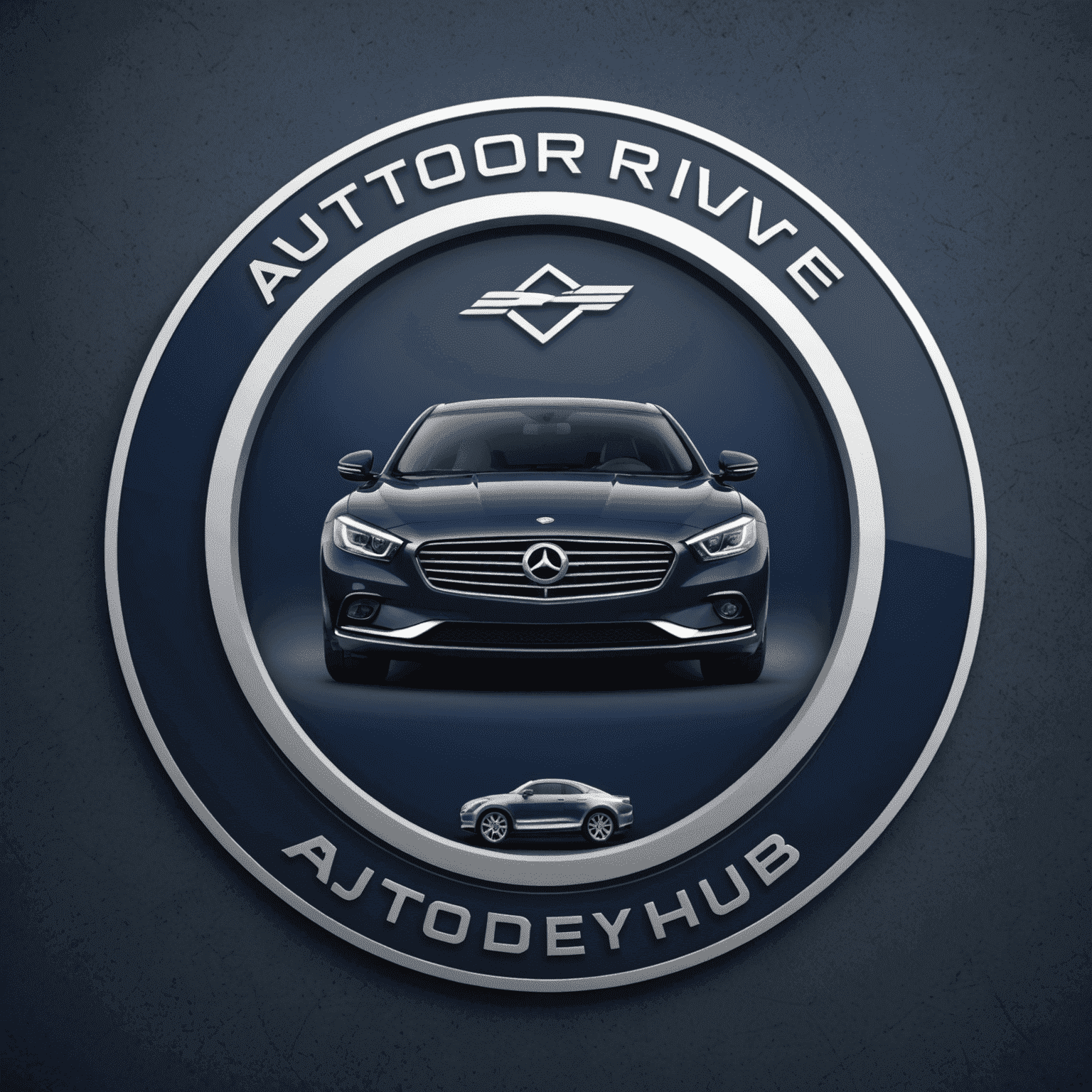 AutoDriveHub logo - een modern en professioneel ontwerp met een gestileerde auto en het bedrijfslogo in diep marineblauw en zilver