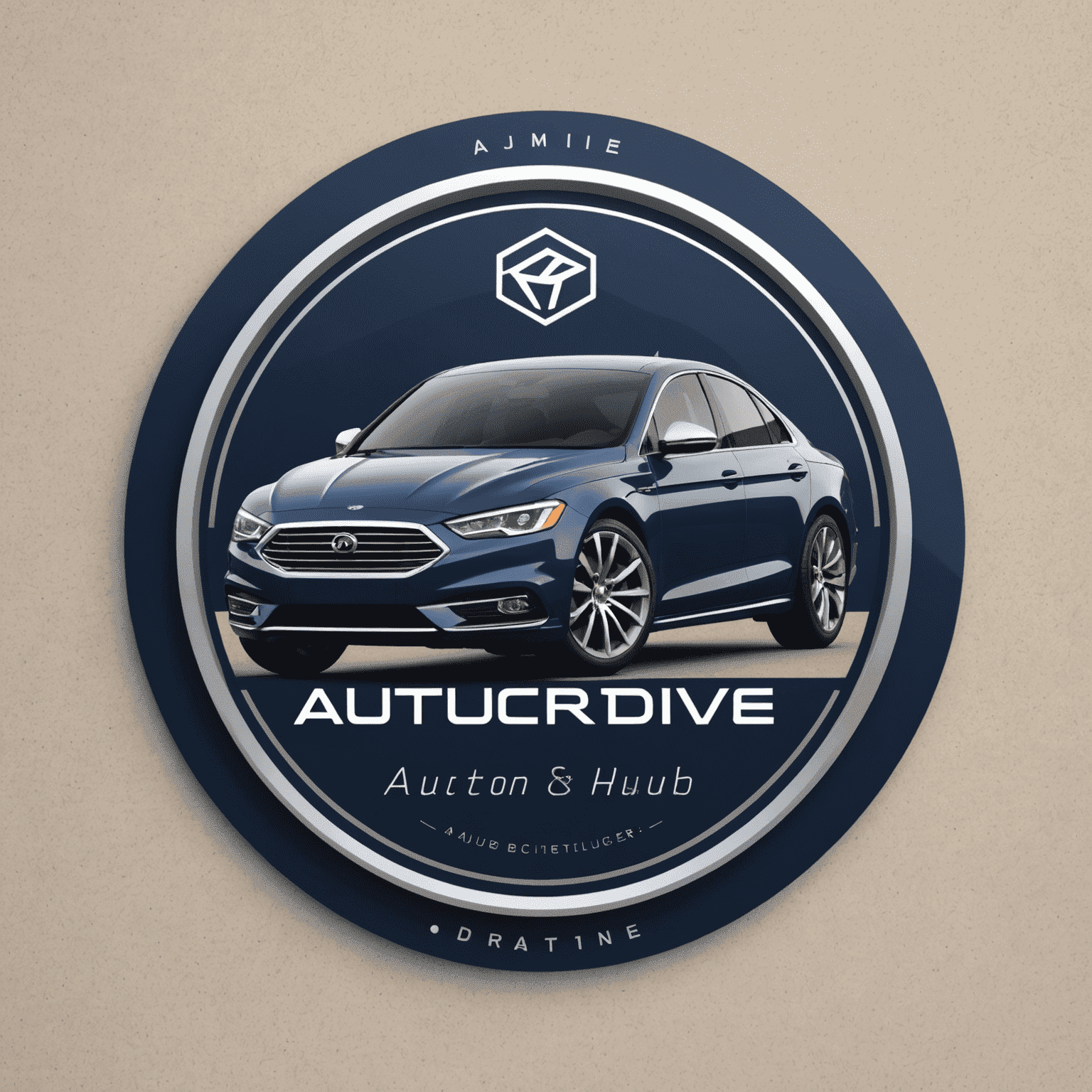 AutoDriveHub logo - een modern en professioneel ontwerp met een gestileerde auto en het bedrijfslogo in diep marineblauw en zilver