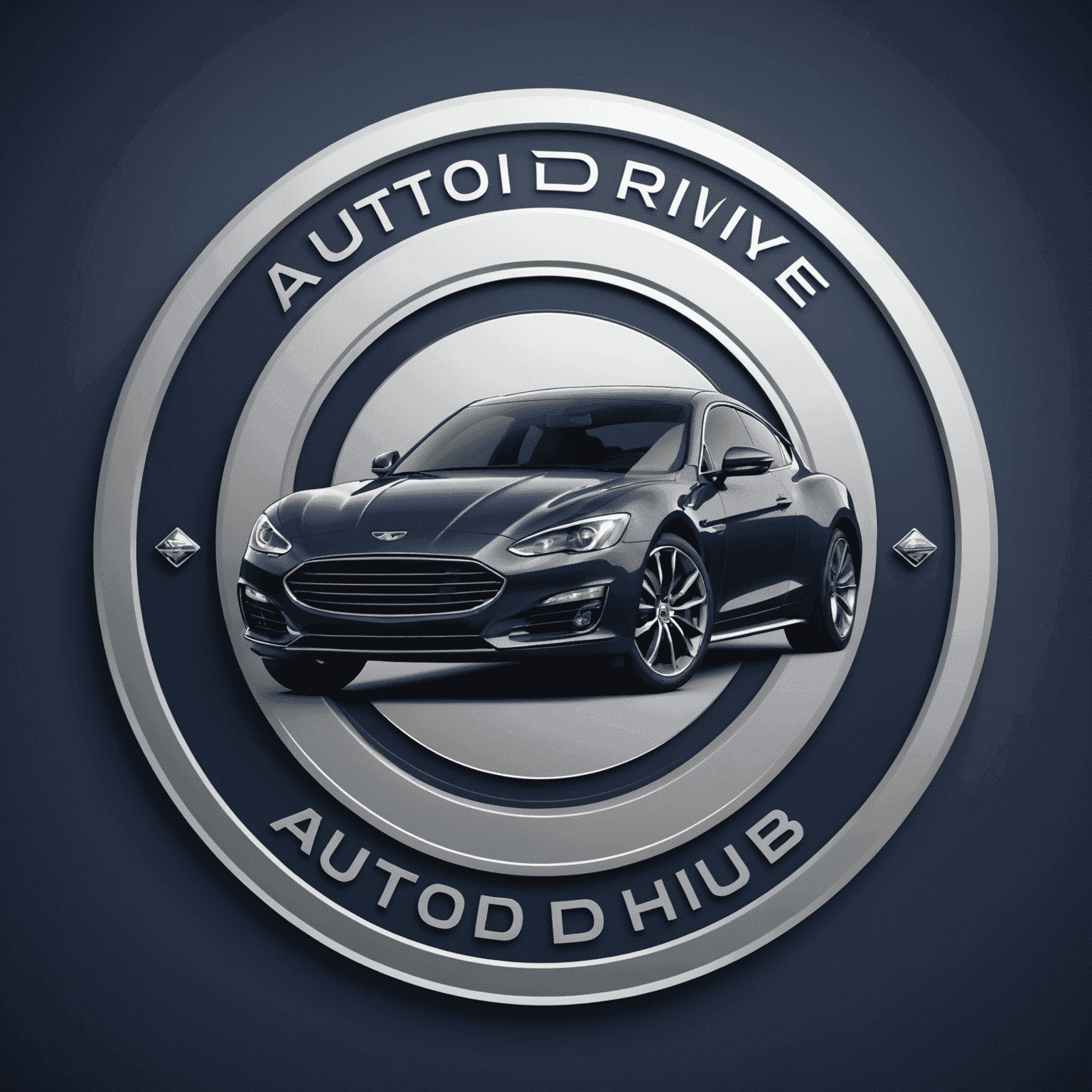 AutoDriveHub logo - een modern en professioneel ontwerp met een gestileerde auto en het bedrijfslogo in diep marineblauw en zilver