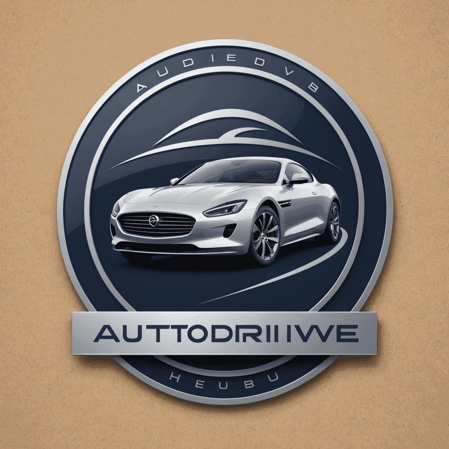 AutoDriveHub logo - een modern en professioneel ontwerp met een gestileerde auto en het bedrijfslogo in diep marineblauw en zilver