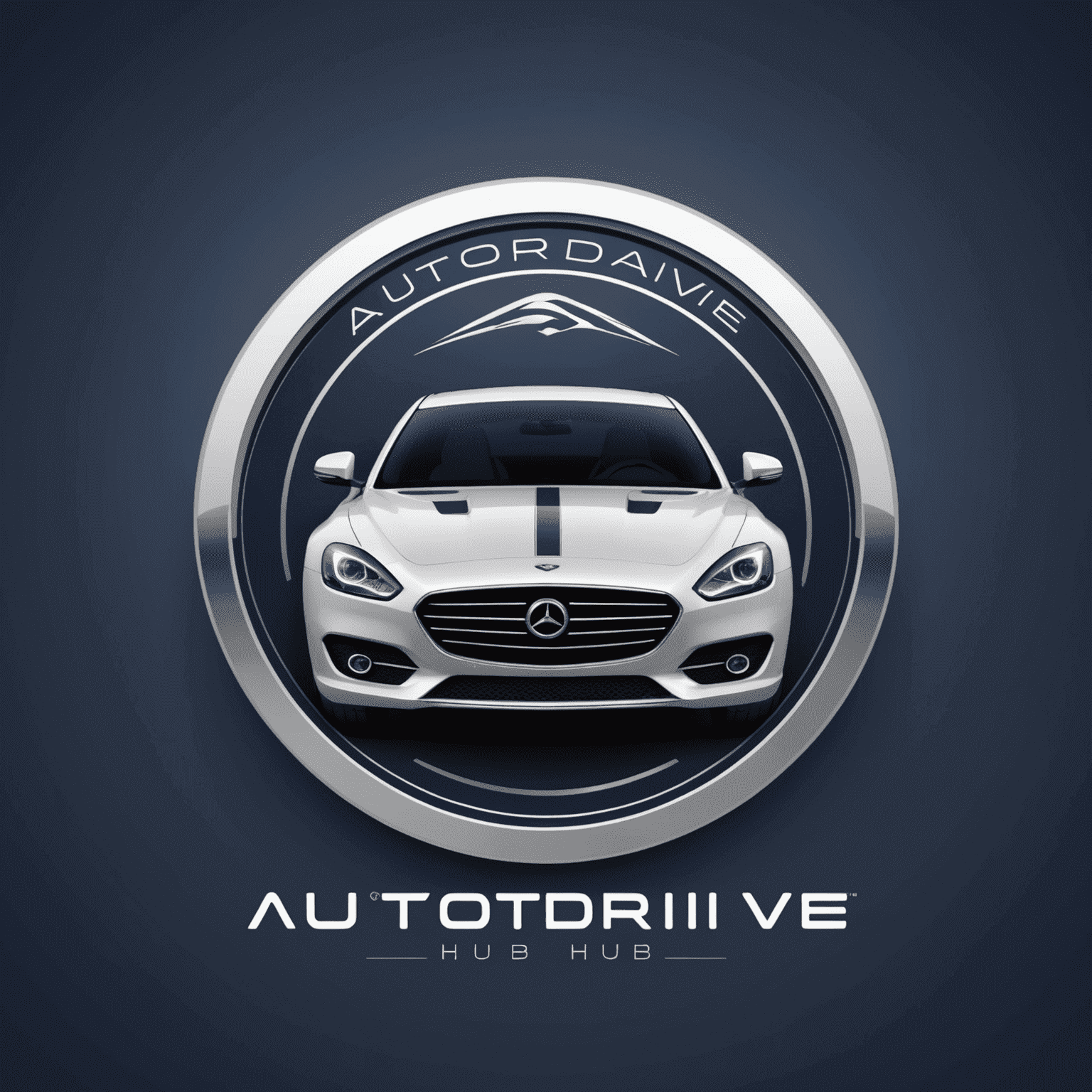 AutoDriveHub logo - een modern en professioneel ontwerp met een gestileerde auto en het bedrijfslogo in diep marineblauw en zilver