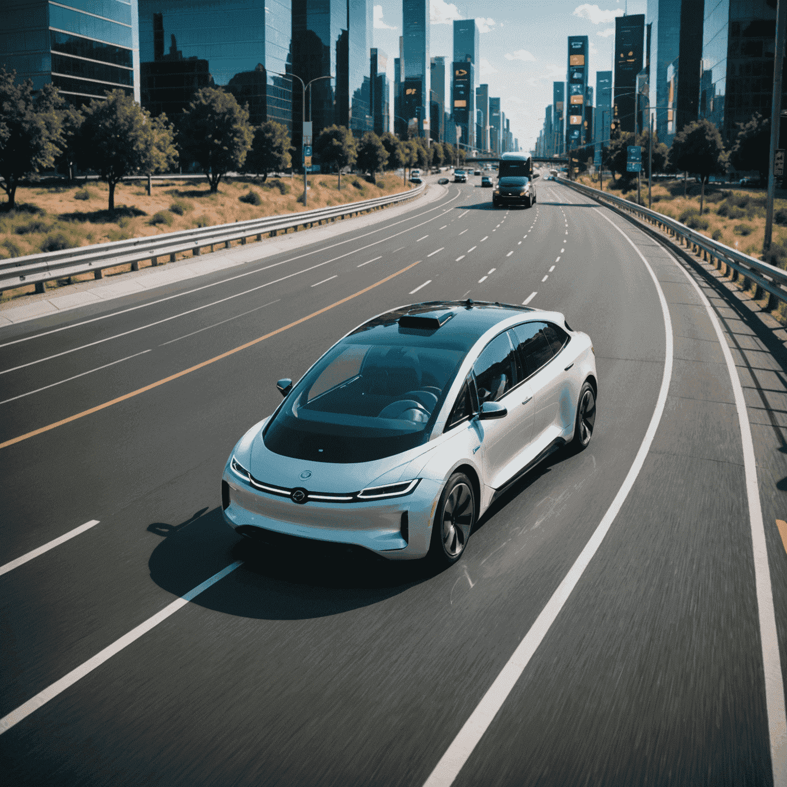 Een futuristisch zelfrijdend voertuig rijdt op een snelweg, omringd door holografische displays die verschillende sensorgegevens tonen