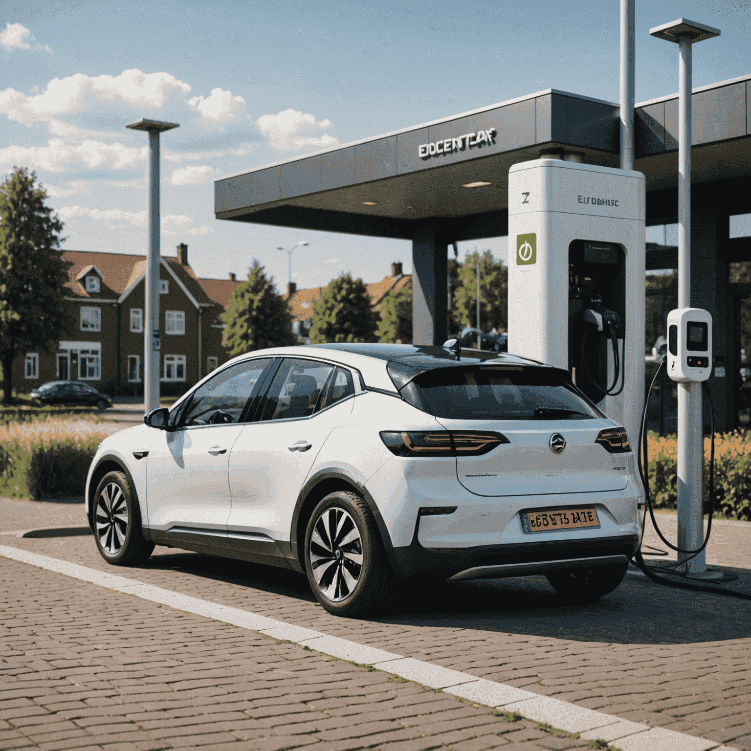 Een moderne elektrische auto geparkeerd naast een laadpaal, met op de achtergrond een Nederlands stedelijk landschap