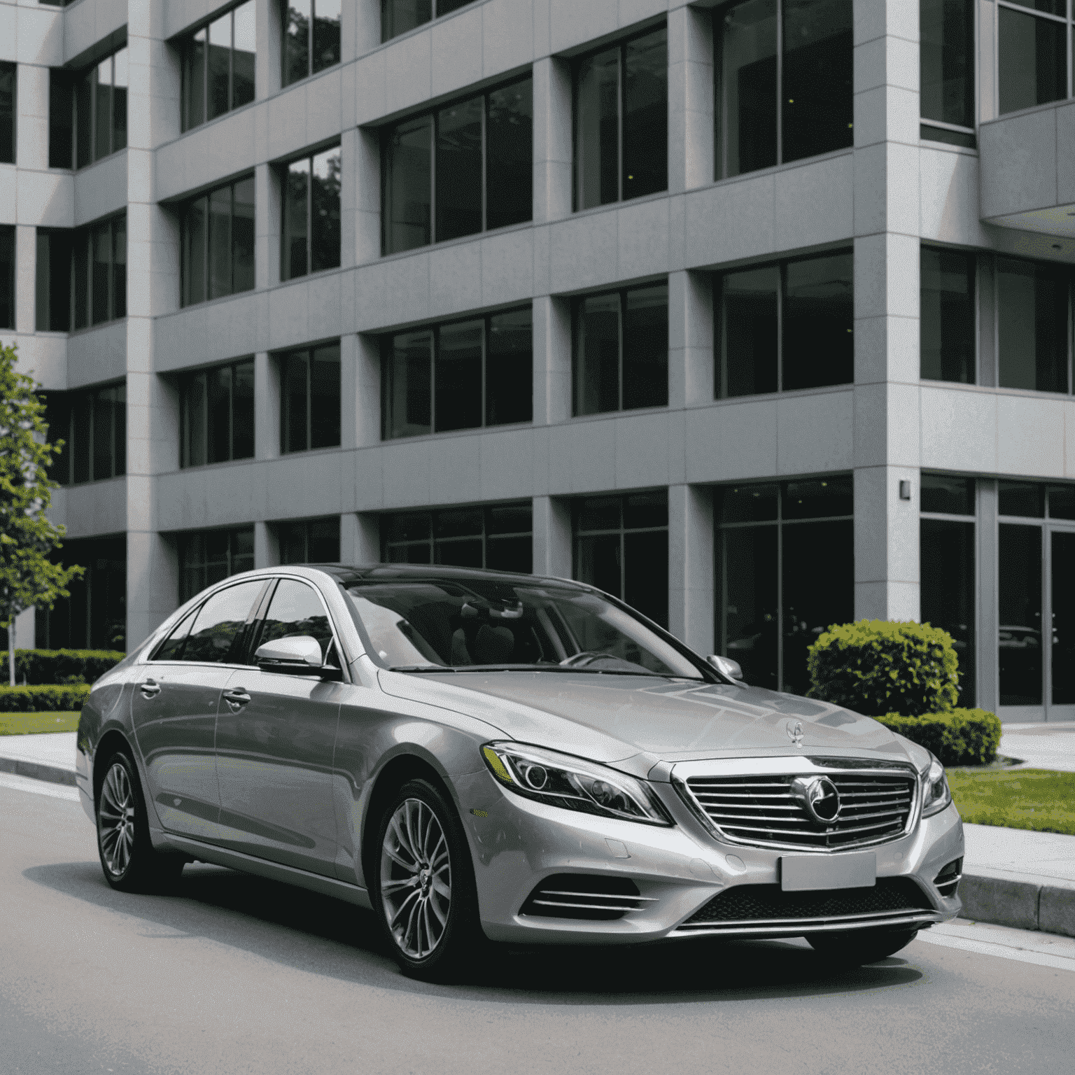 Een zilvergrijze luxe sedan geparkeerd voor een modern kantoorgebouw. De auto straalt elegantie en betrouwbaarheid uit, wat de kwaliteit van onze autoverzekering symboliseert.