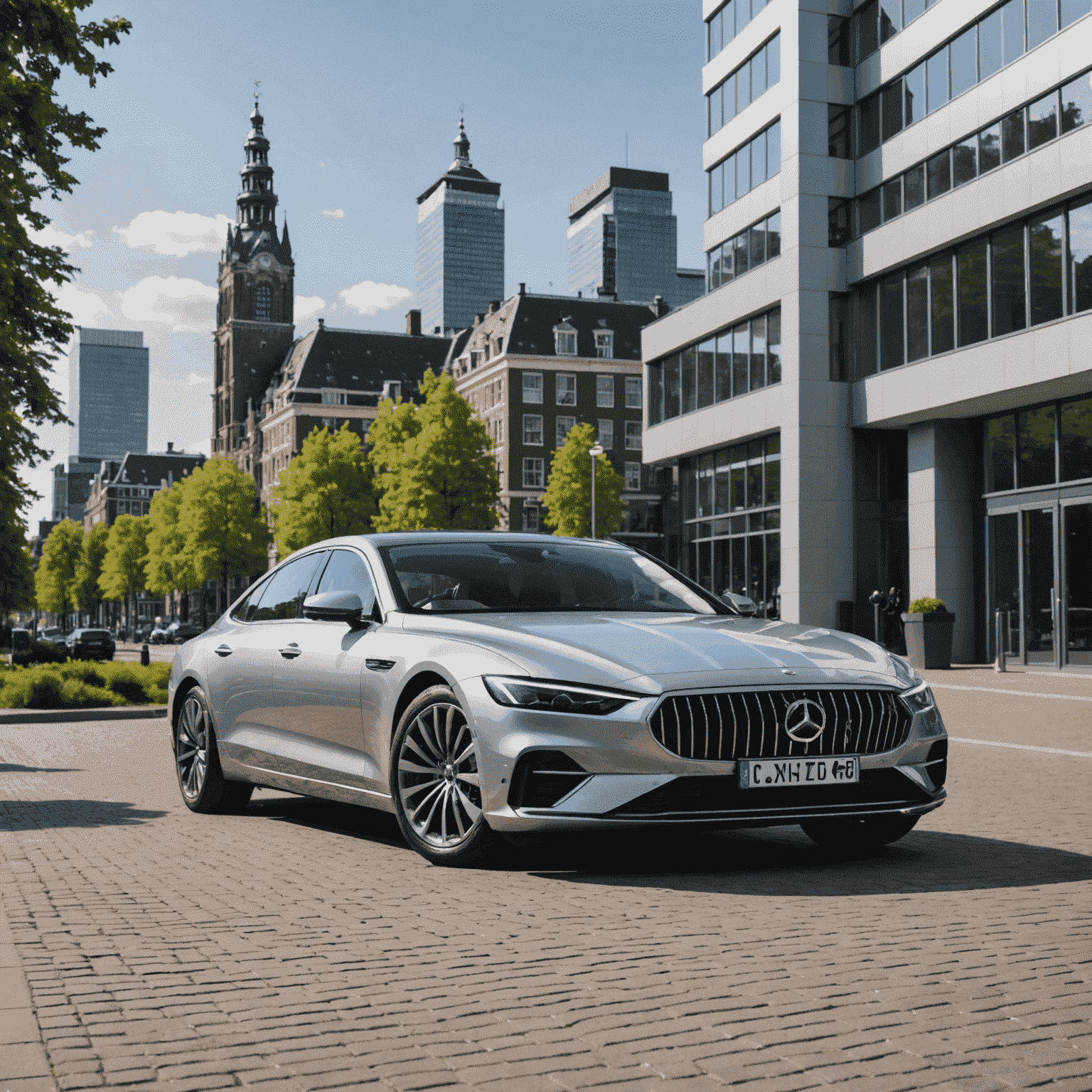 Een zilvergrijze luxe auto geparkeerd voor een modern kantoorgebouw, met op de achtergrond een skyline van Amsterdam. De afbeelding straalt professionaliteit en betrouwbaarheid uit, passend bij het thema van aansprakelijkheidsverzekering.