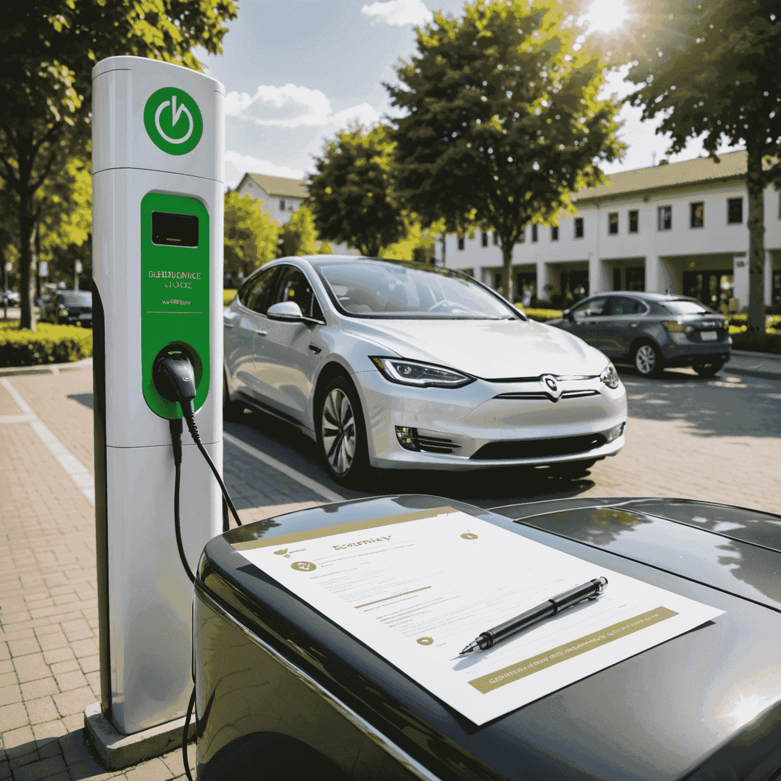 Een moderne elektrische auto bij een oplaadpunt met een verzekeringsformulier en een groene energiesymbool op de voorgrond